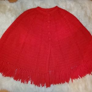 Vintage RED Handmade Retro Crochet Knit Button Front Poncho Cape w fringe trim